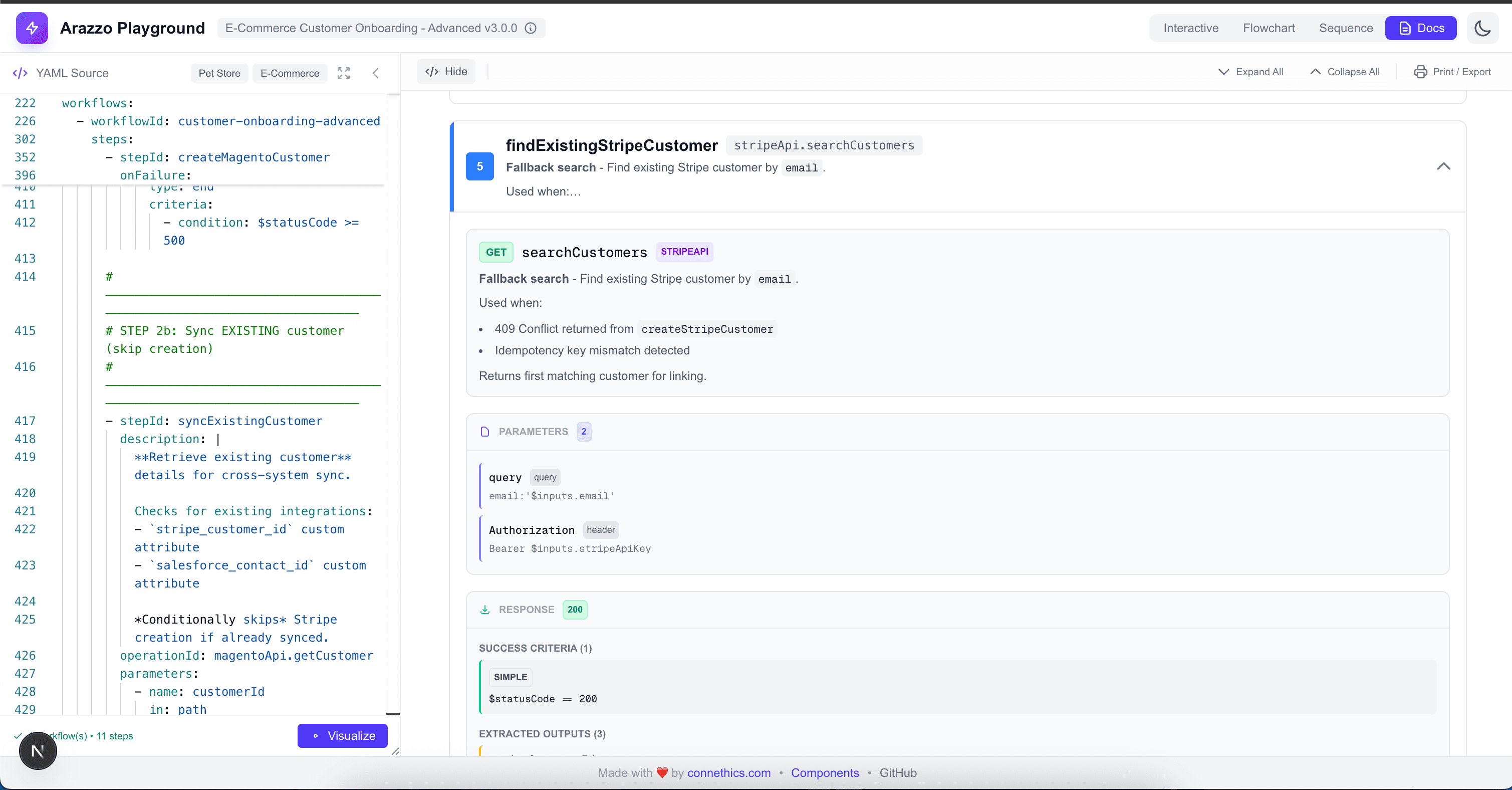 Arazzo Playground - Documentation view with step details and markdown rendering